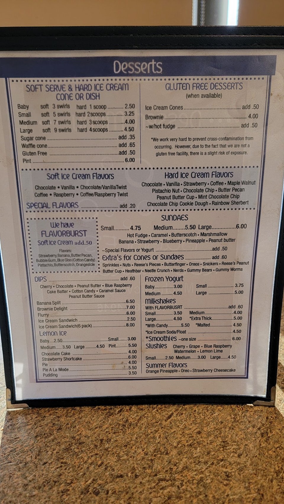 Printed menu page with seafood specials listed.